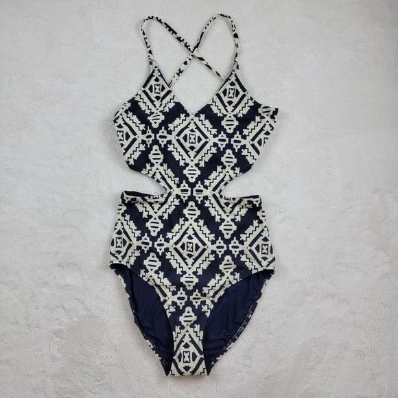 Tory Burch Blue White Tapestry Geometric Cut Out One Piece Swimsuit Size XS - Picture 1 of 14